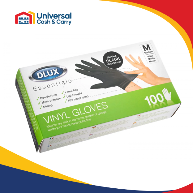DL – 100pk Medium Black Vinyl Gloves – Powder Free