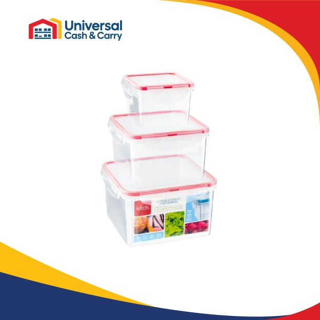 K- 3pk Sq Clip/Close Containers 400ml, 1.2lt & 2lt