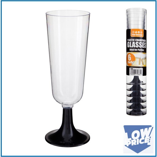 FS 6pk Plastic Champagne Glasses (Black Stem)