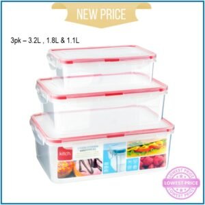 K-3pk Rect Clip/Close Containers 1.1Lt,1.8Lt,3.2Lt