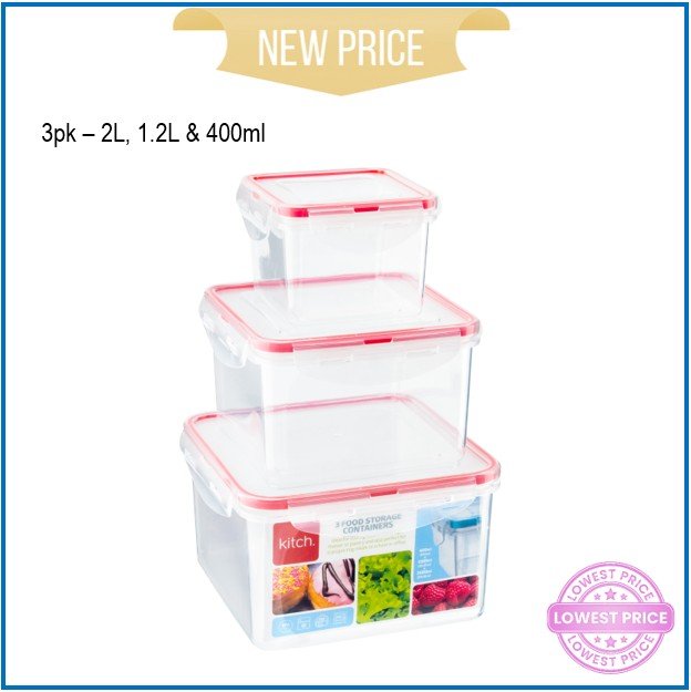 K- 3pk Sq Clip/Close Containers 400ml, 1.2lt & 2lt