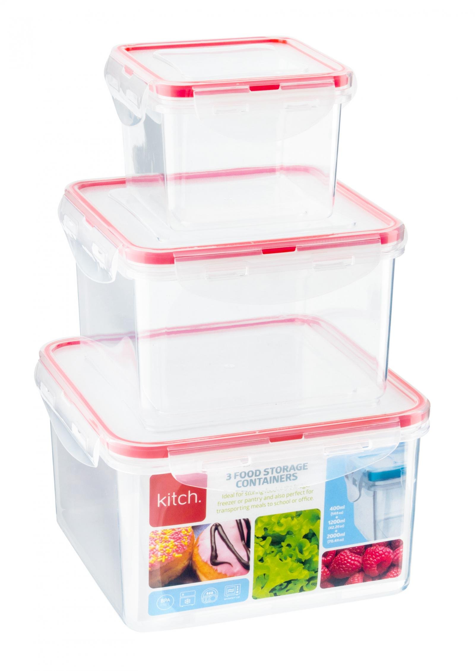 K- 3pk Sq Clip/Close Containers 400ml, 1.2lt & 2lt - Image 2