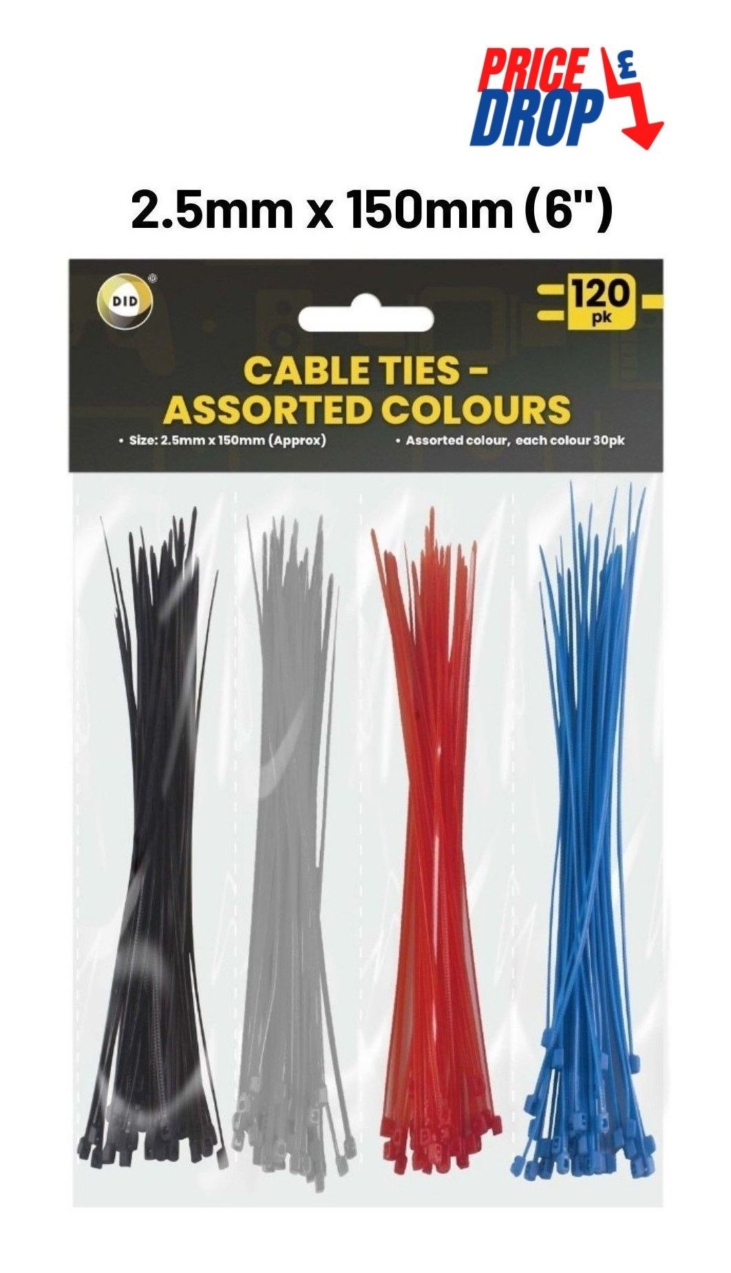120Pk 150mm x 2.5mm Cable Ties - Assorted Colours