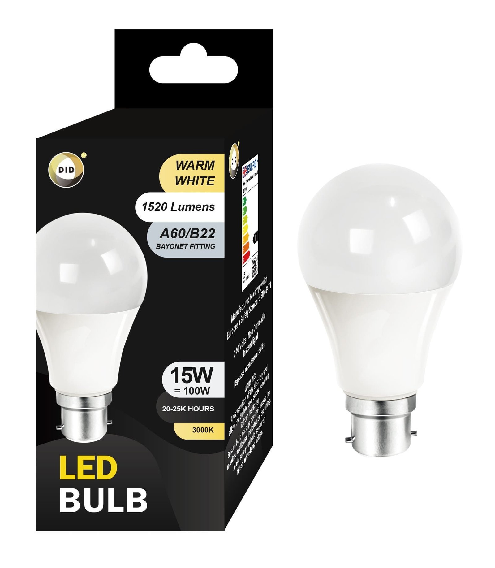 Warm White Led Bulb 15W A60/B22