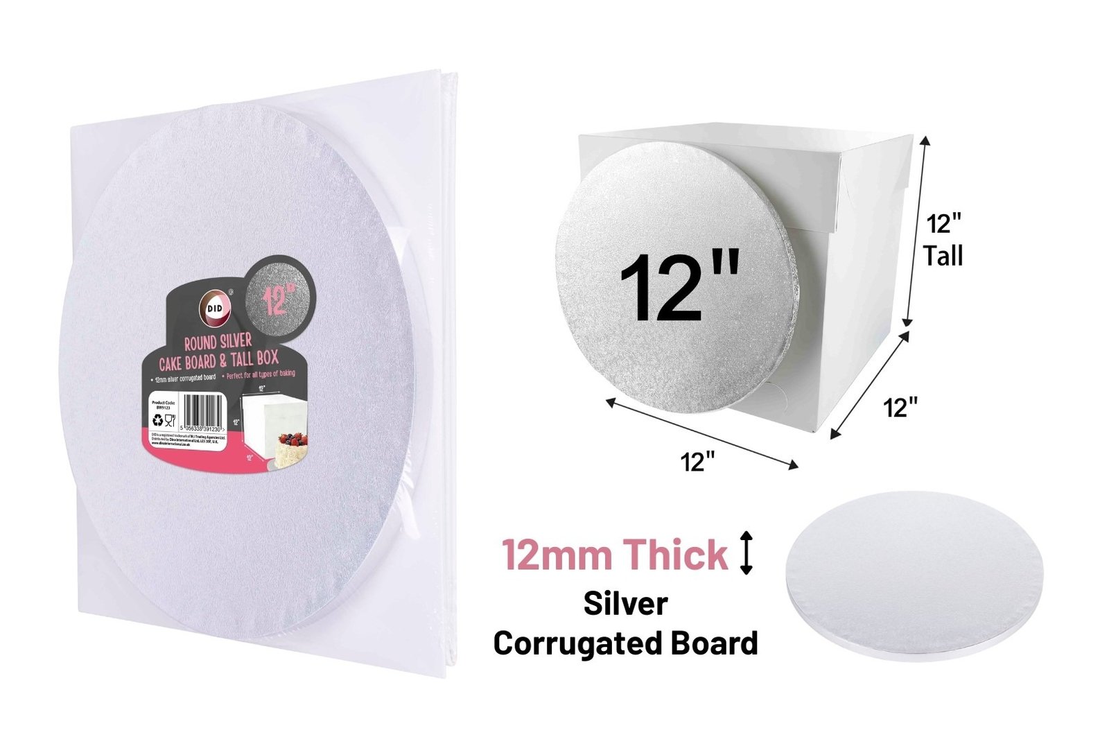 12" Round Silver Cake Board & Tall Box